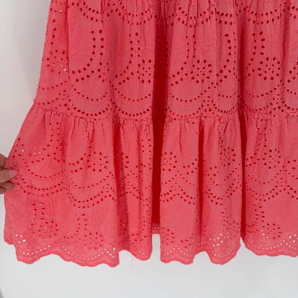 AQUA Eyelet Midi Skirt Womens S Pink Tiered Cotton Smocked Boho Cottagecore - Picture 5 of 10